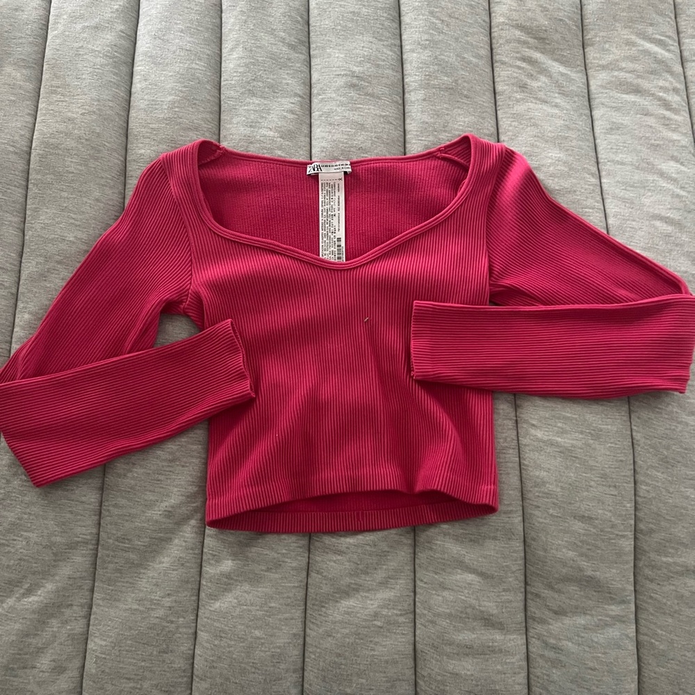 zara hot pink long sleeve cropped shirt, square neck, ribbed